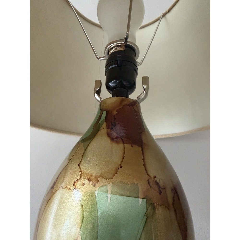 Decorative Gourd Table Lamp Green Gold Brown Glaze Ceramic Style w Shade - Picture 3 of 9